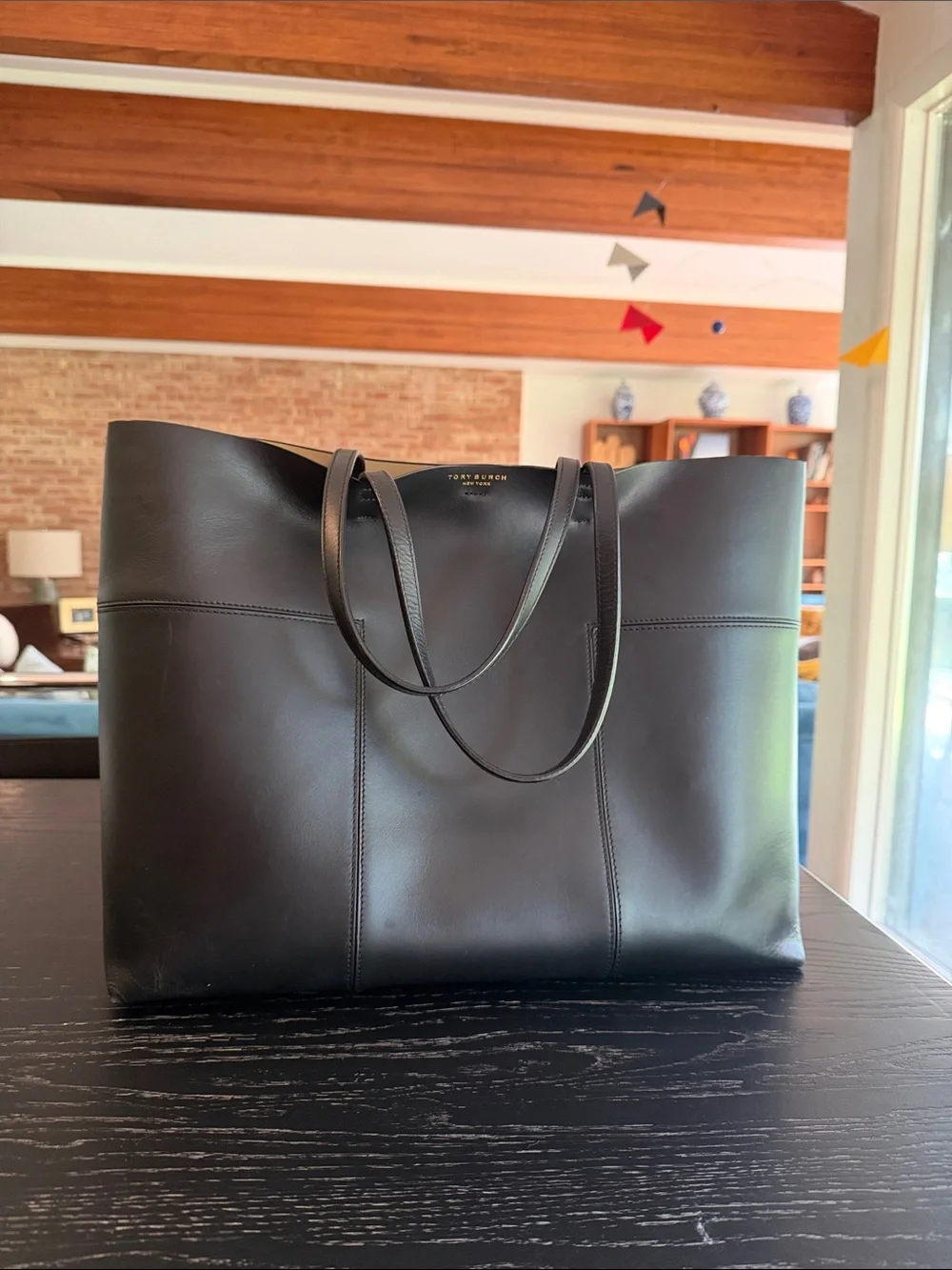 Tory Burch Black Leather Block T Large Tote Bag EUC
